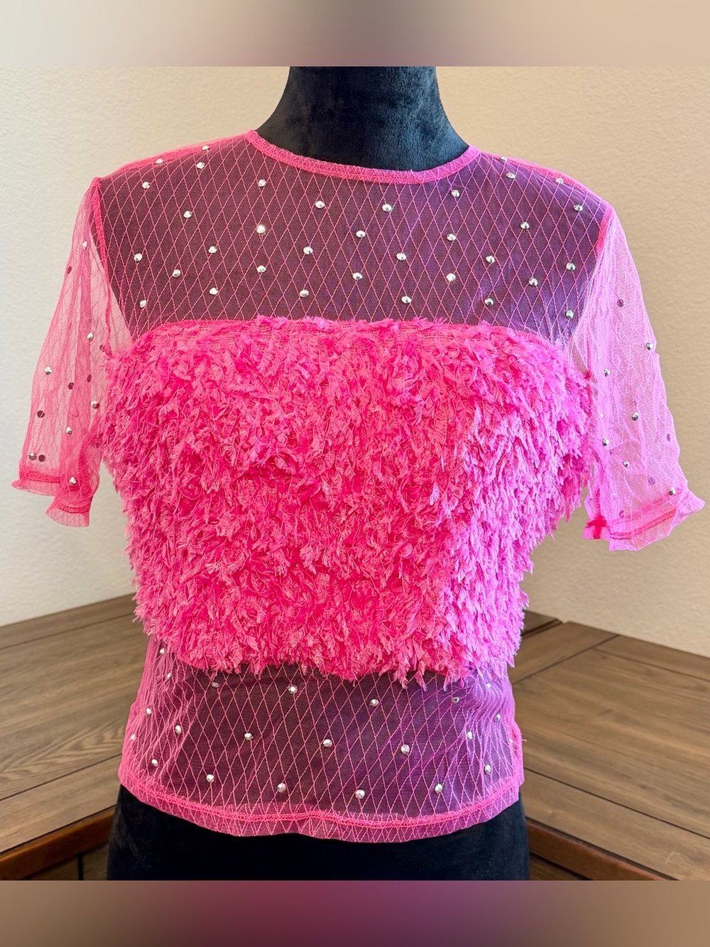 NWT SHEIN SXY Hot Pink Fuzzy Panel Rhinestone Mesh Top - Large